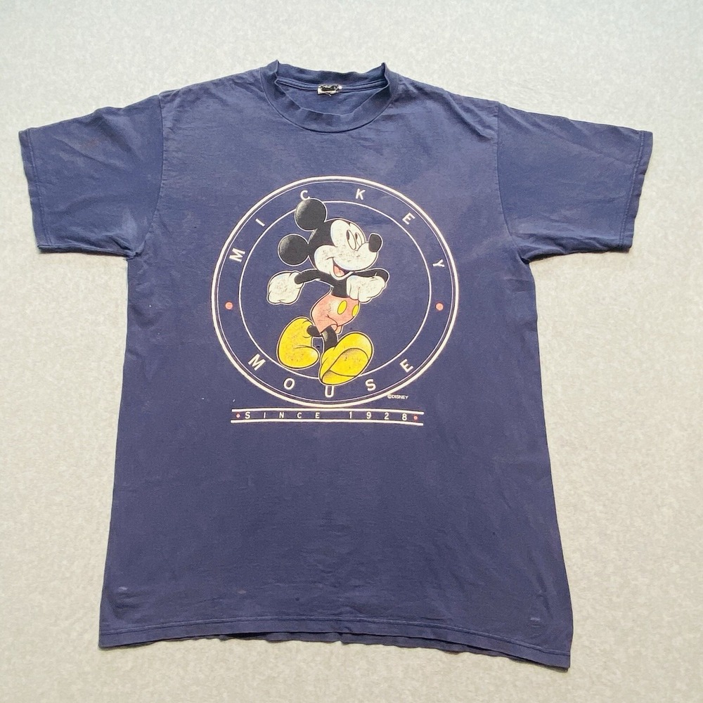 Vintage 90s Disney World Mickey Mouse Spellout Blue T-Shirt Size M Faded Trashed